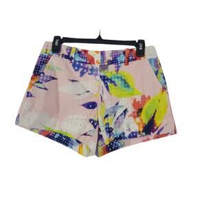 Trina Turk Watercolor Pink Blue Multicolor Floral Eyelet Cotton Shorts US 0